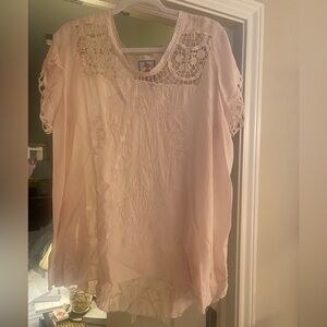 Johnny Was Pale Pink Embroidered Crochet Yoke Blouse